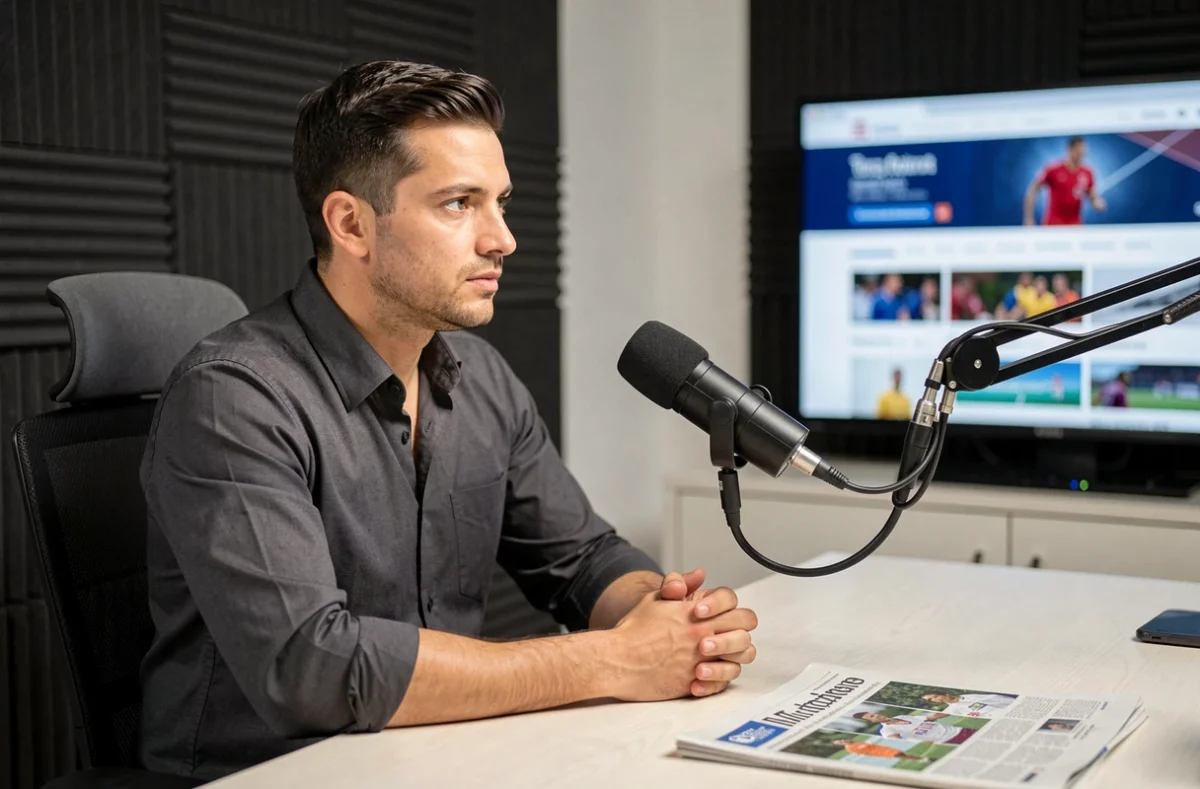 Présentateur sportif en studio podcast prêt à partager une vision originale du sport pour Scairbel Simon Lebriacs