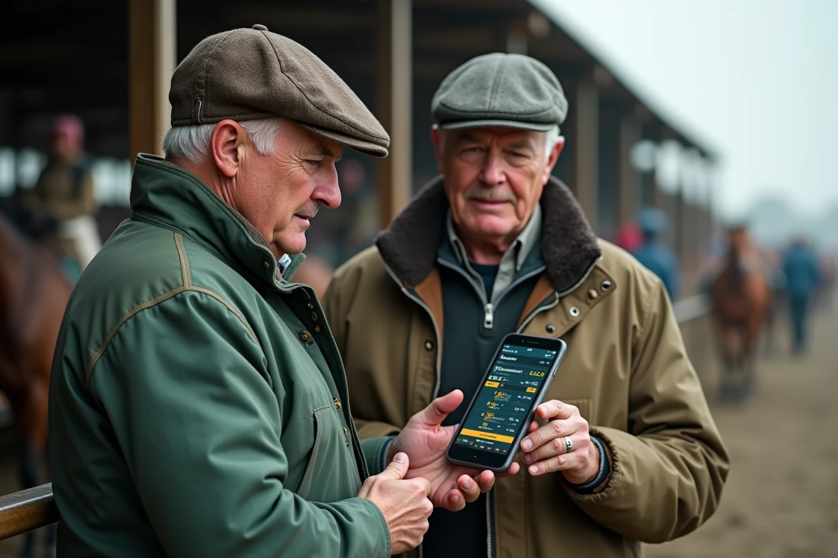 Deux propriétaires de chevaux trotteurs consultant l'application Infonet 5 sur smartphone dans le paddock