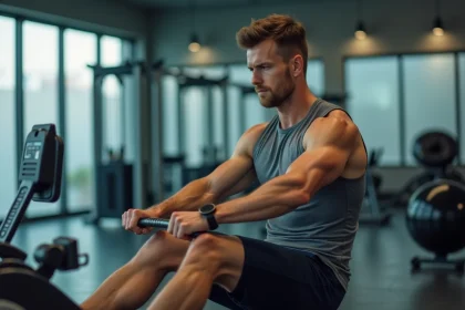 Homme musclé utilisant un rameur en salle de sport, muscles du dos et des bras visiblement contractés pendant l'effort