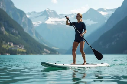 Femme en paddle sur lac alpin turquoise en montagne