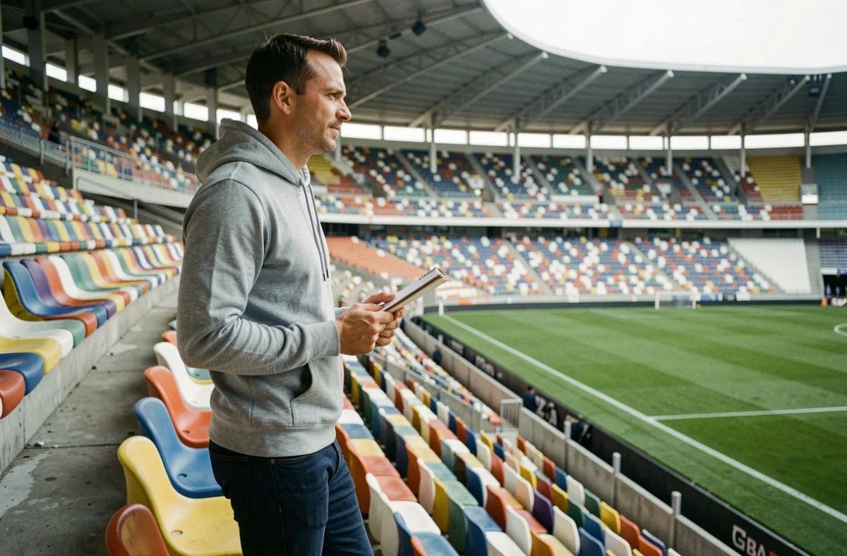 Regard analytique sur un stade vide représentant une nouvelle perspective journalistique sur le sport