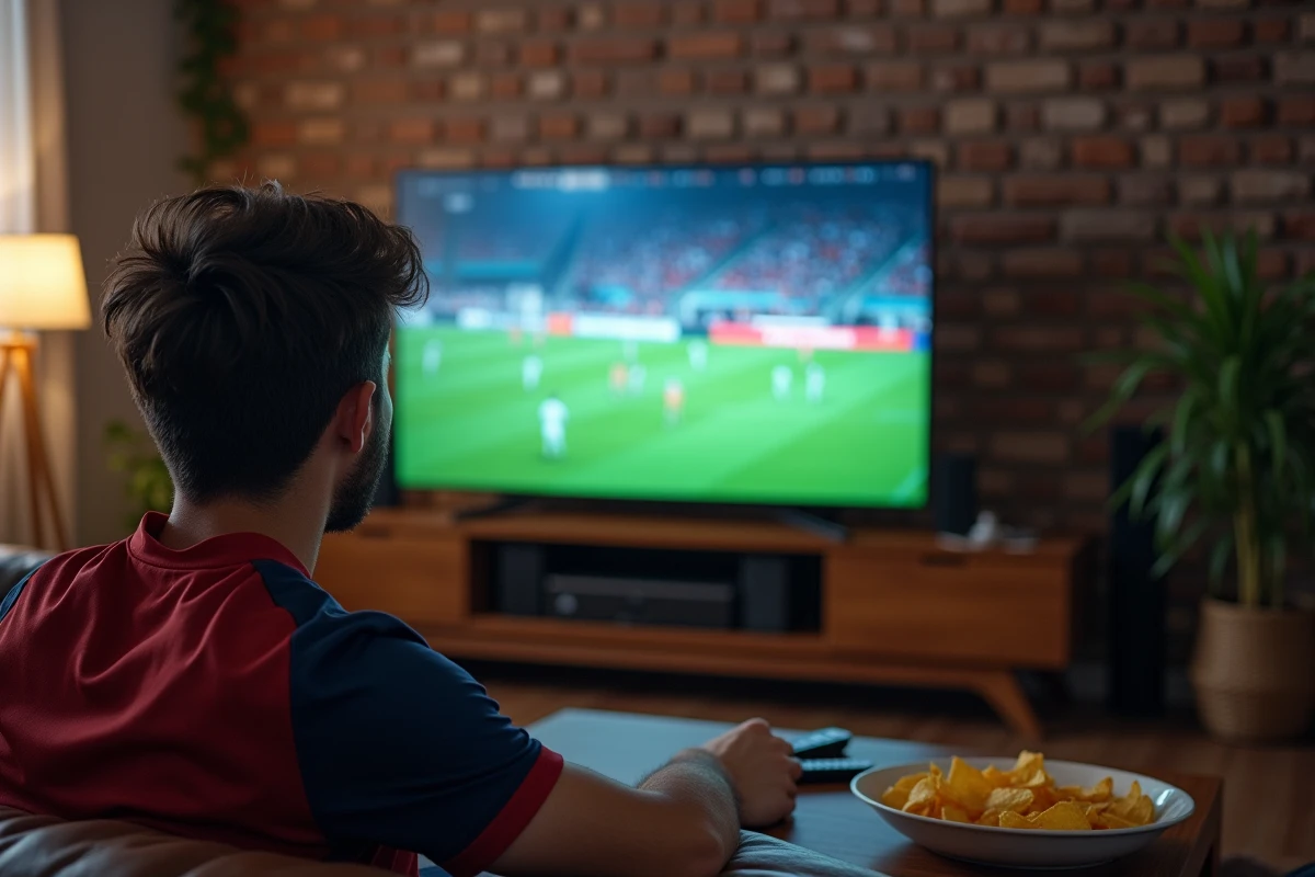 Jeune homme regardant un match de foot en HD sur sa télévision depuis son canapé