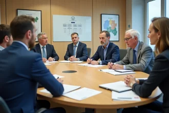 Réunion du district de football des Yvelines avec membres du bureau autour d'une table de travail administrative