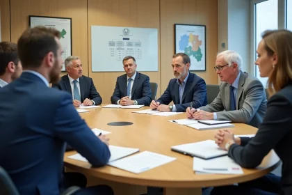 Réunion du district de football des Yvelines avec membres du bureau autour d'une table de travail administrative