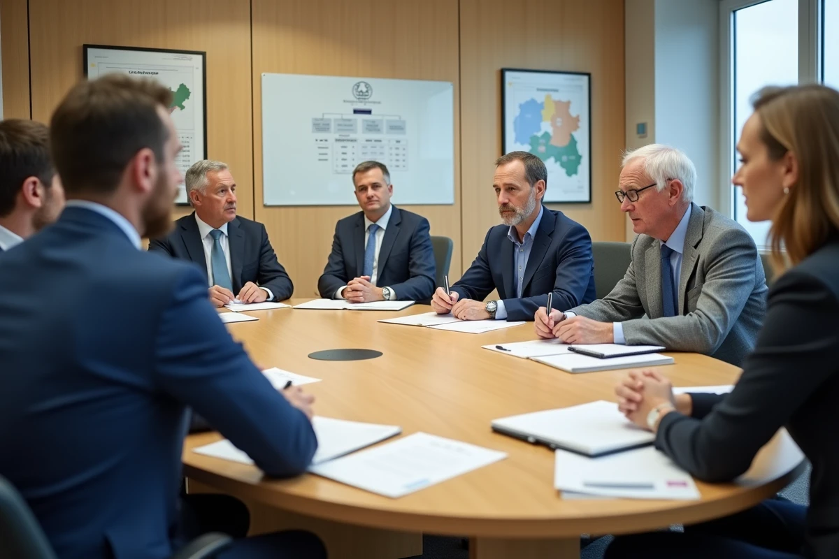 Réunion du district de football des Yvelines avec membres du bureau autour d'une table de travail administrative