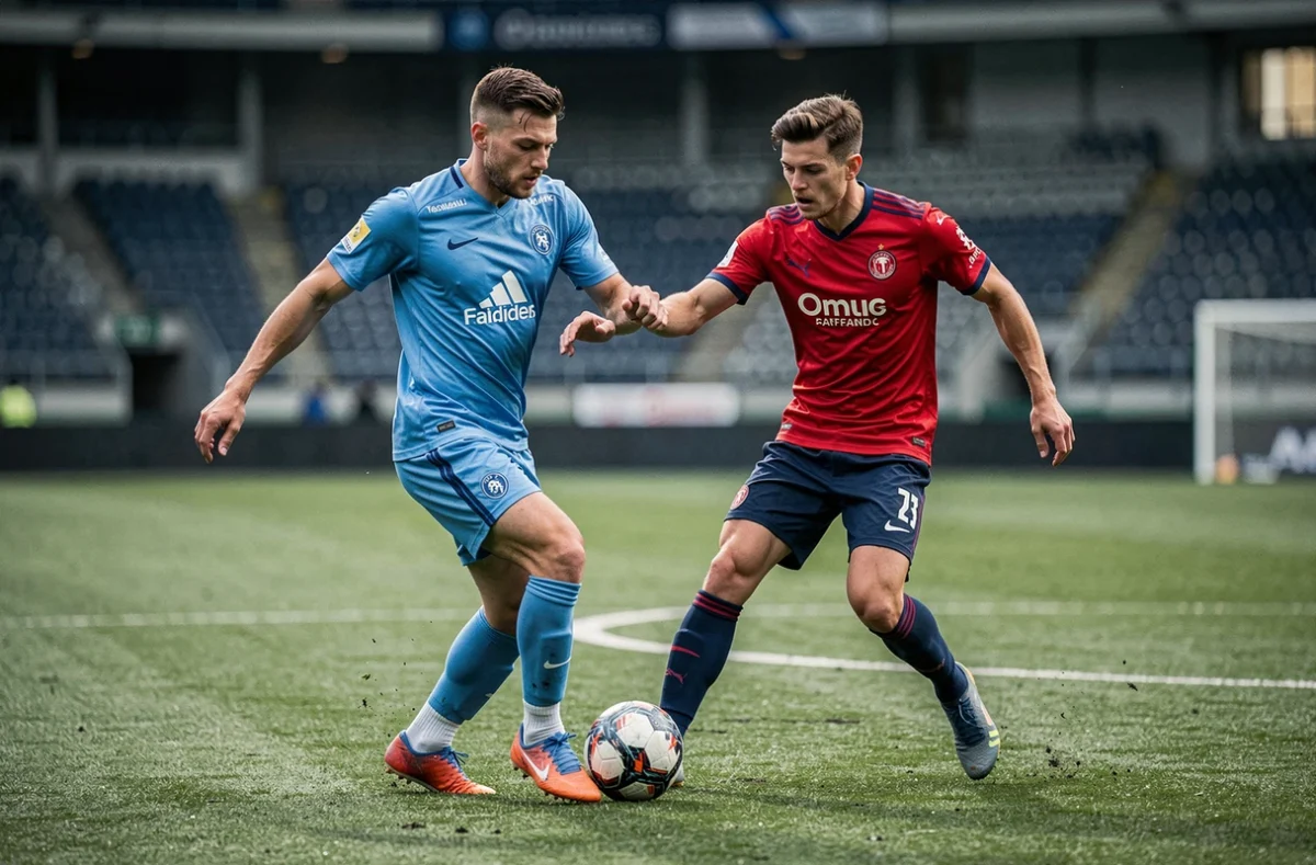 Deux footballeurs en duel technique avec une roulette pour créer le décalage en match de club professionnel