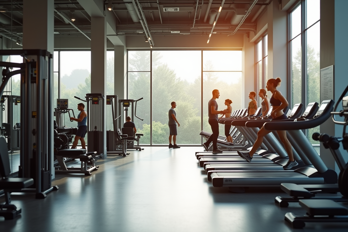 Salle de sport moderne avec grandes fenêtres et personnes variées