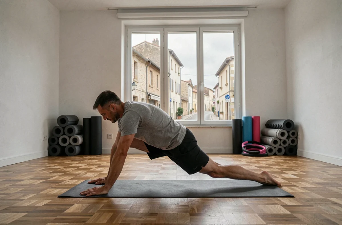 Homme effectuant des étirements dans une salle de fitness en Charente-Maritime avec vue sur la ville
