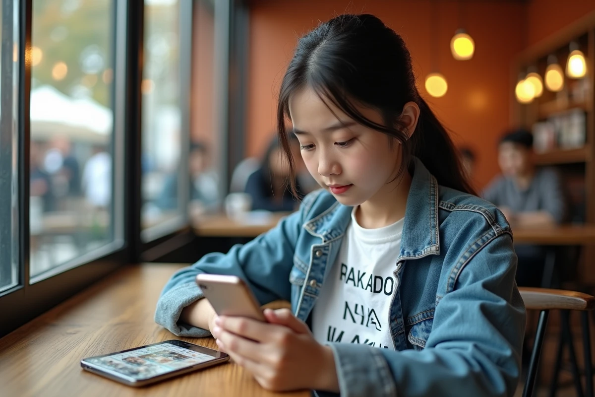 Jeune femme lisant un scan manga sur application mobile dans un café avec ambiance chaleureuse