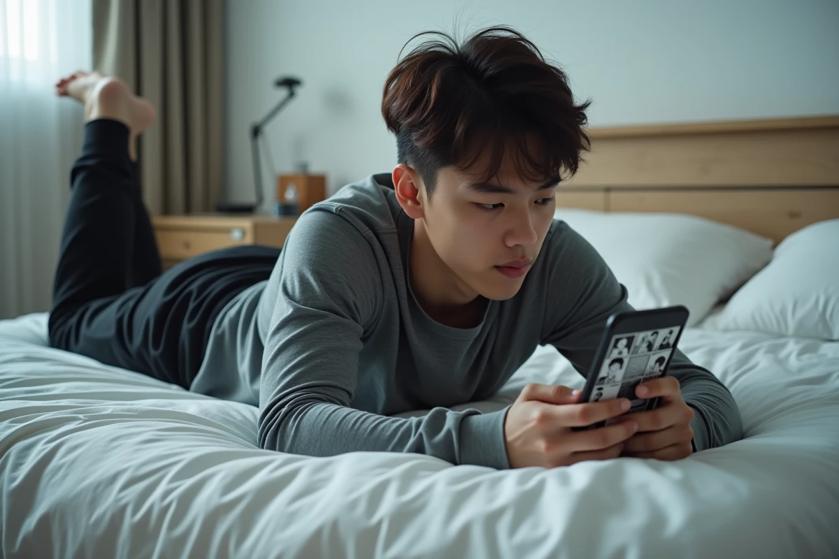 Jeune homme allongé sur son lit lisant un scantrad manga sur smartphone dans une chambre minimaliste
