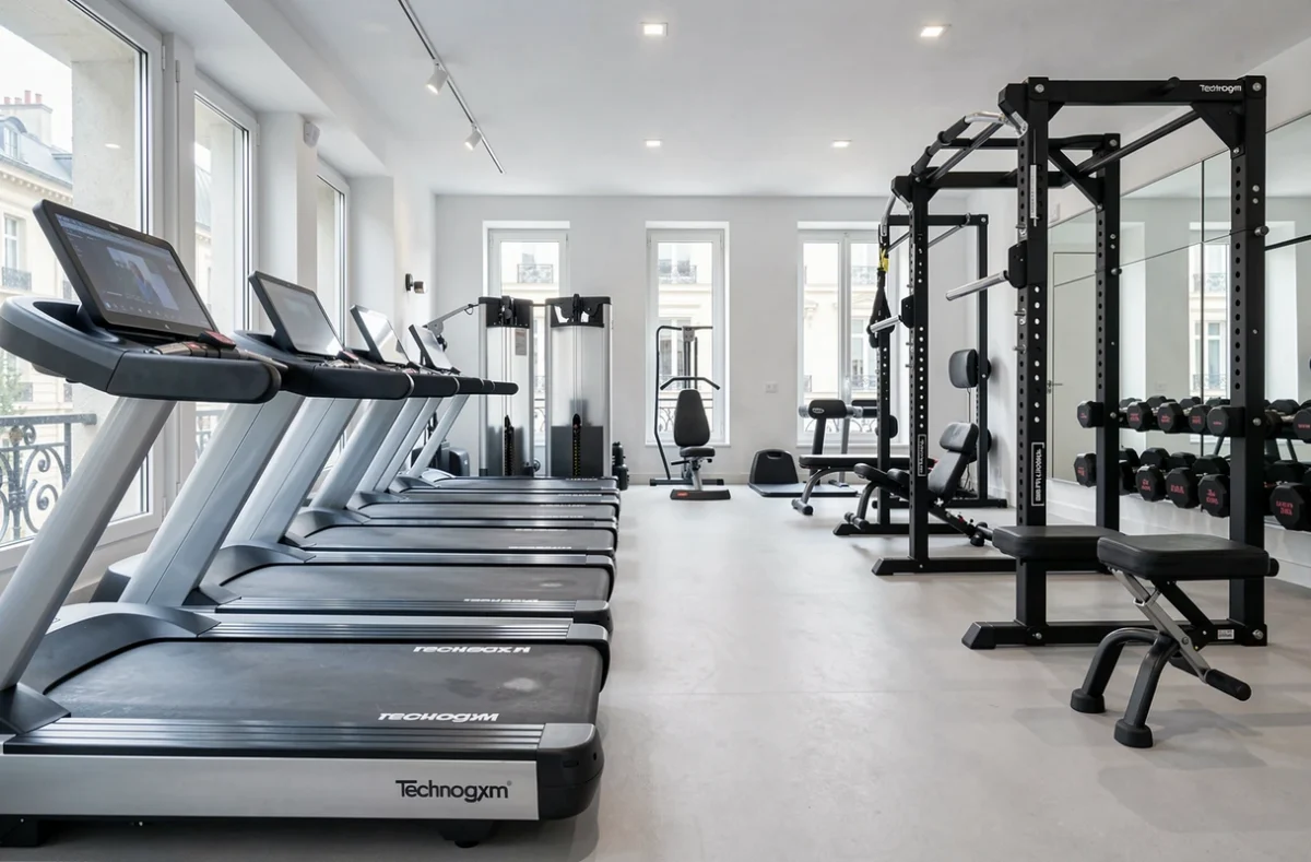 Équipements haut de gamme de la salle Semper Wellness à Paris, incluant machines Technogym et espace récupération premium