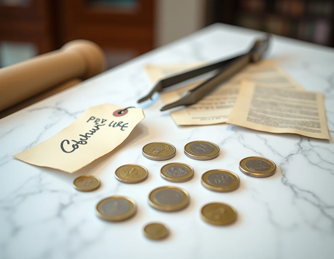 Vue aérienne de pièces de 2 euros, catalogue de vente aux enchères et étiquette de prix sur marbre blanc pour illustration de la spéculation numismatique