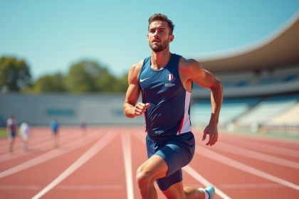 Sprinteur français en pleine course sur une piste ensoleillée