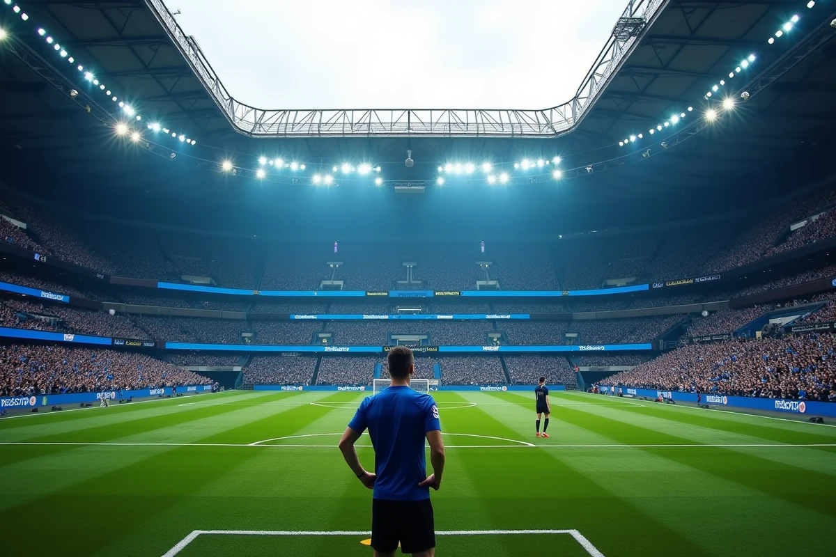 Vue grand angle du stade San Siro avec un milieu de terrain seul au centre du terrain, évoquant le vide laissé par le départ de Brozovic à l'Inter Milan
