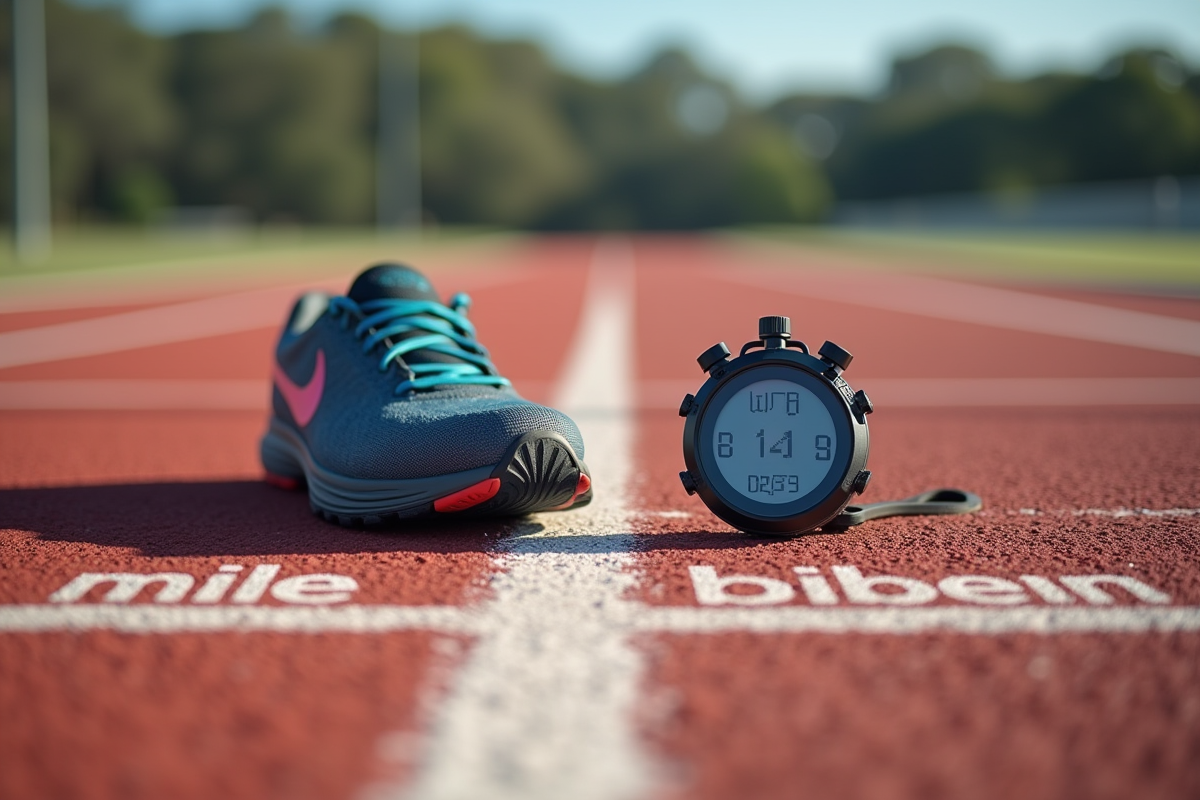 Un chronomètre sportif et une chaussure sur une piste divisée en miles et kilomètres
