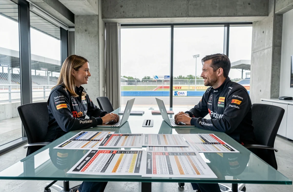 Deux stratèges d'écurie F1 examinant le classement des constructeurs et les contraintes budgétaires lors d'une réunion de planification