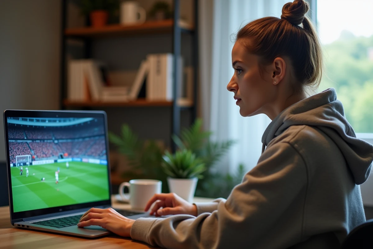Femme regardant un streaming de match de football en HD sur son ordinateur portable à la maison