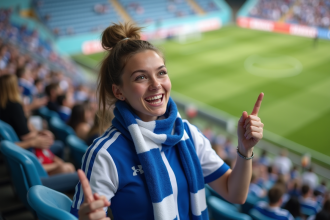 Jeune femme en maillot de football et écharpe au stade