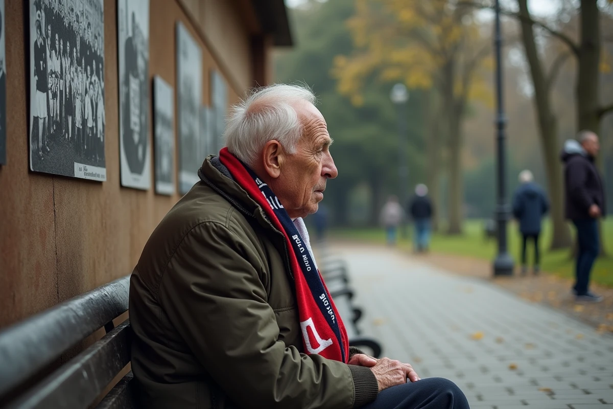 Supporter agee contemplant le mur memorabilia