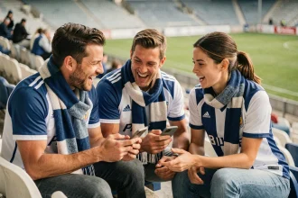 Supporters amiénois consultant les actualités sportives locales sur smartphone dans un stade de football