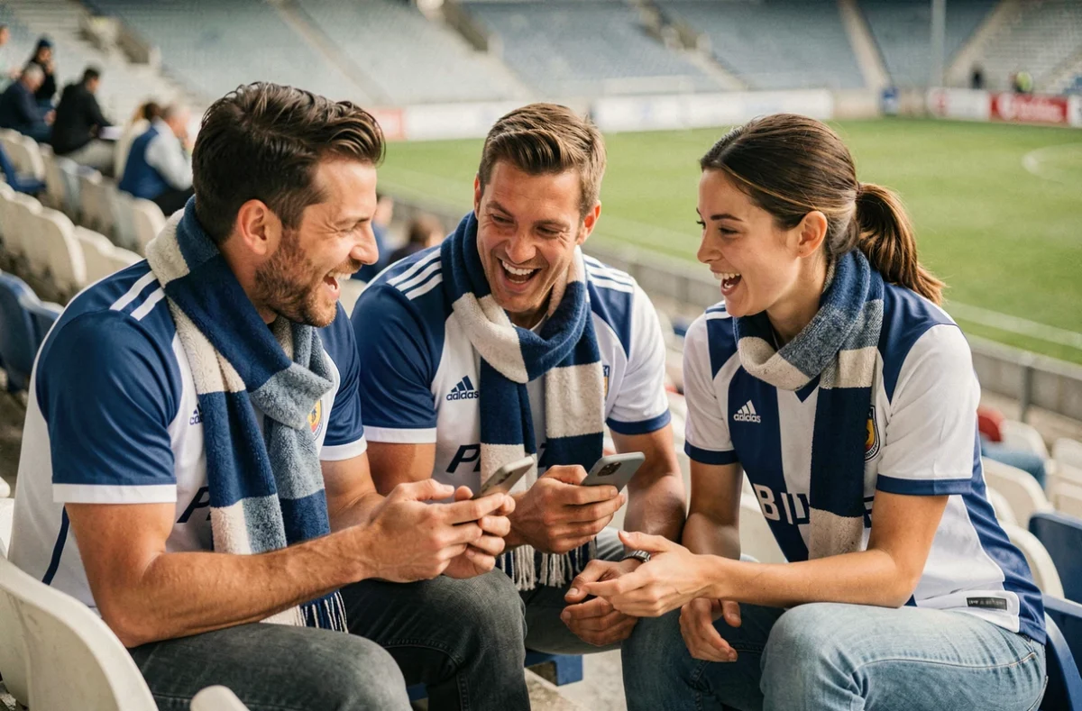 Supporters amiénois consultant les actualités sportives locales sur smartphone dans un stade de football