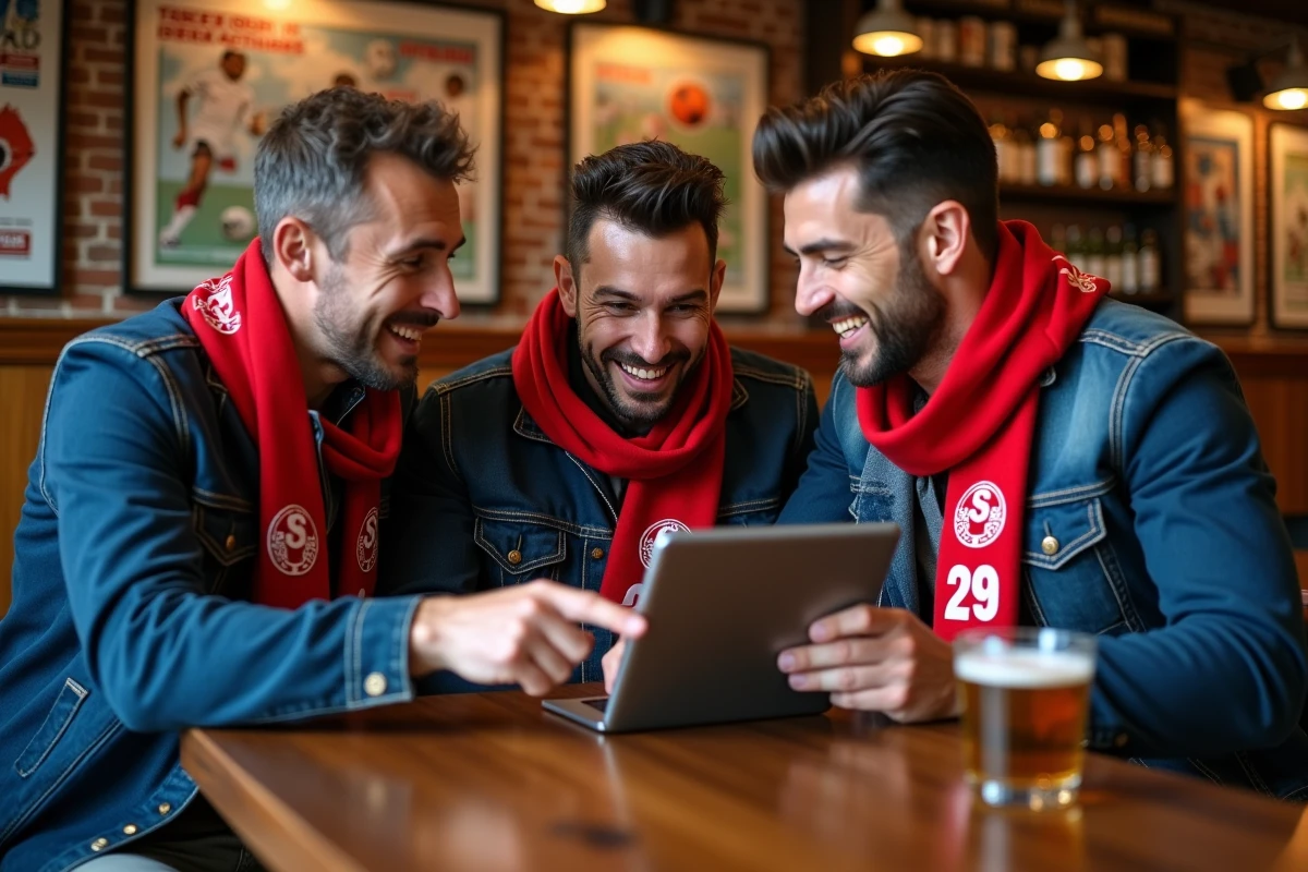 Groupe de supporters brestois débattant sur un forum et les réseaux sociaux autour d'une table dans un bar