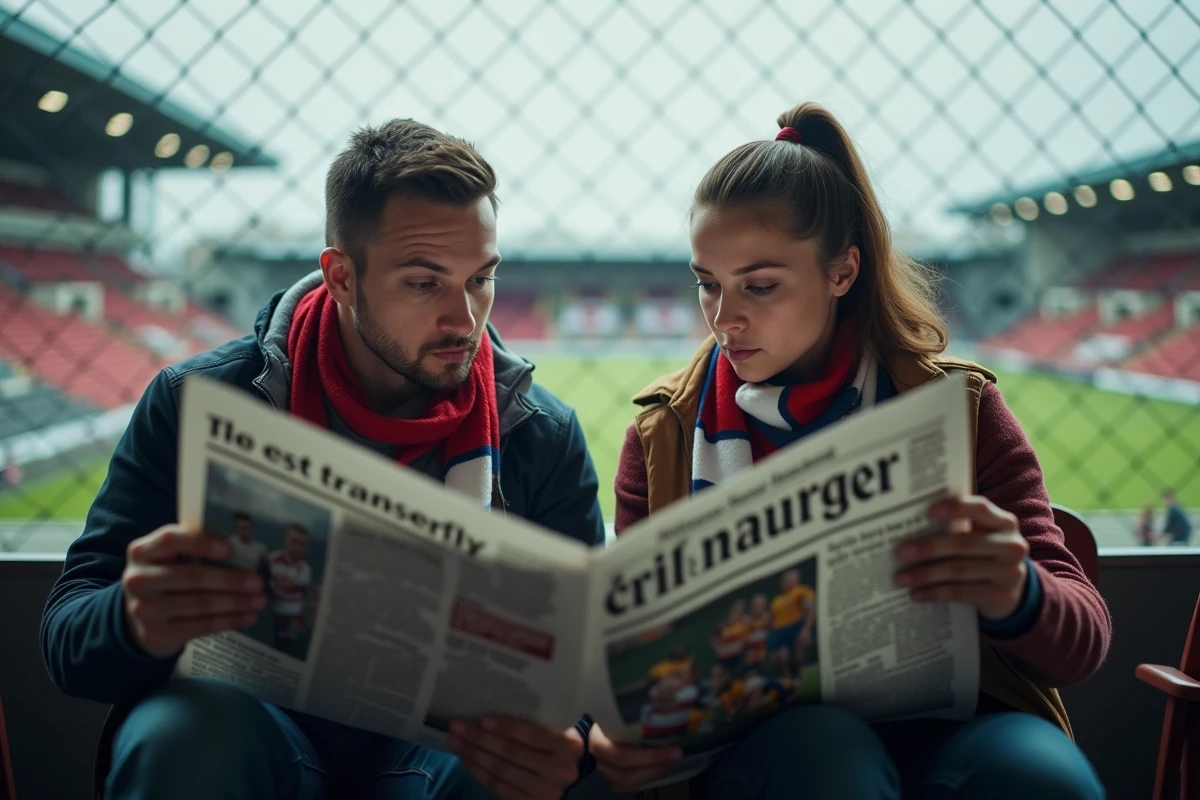 Deux supporters du Top 14 analysant les transferts rugby dans un journal sportif en tribune de stade