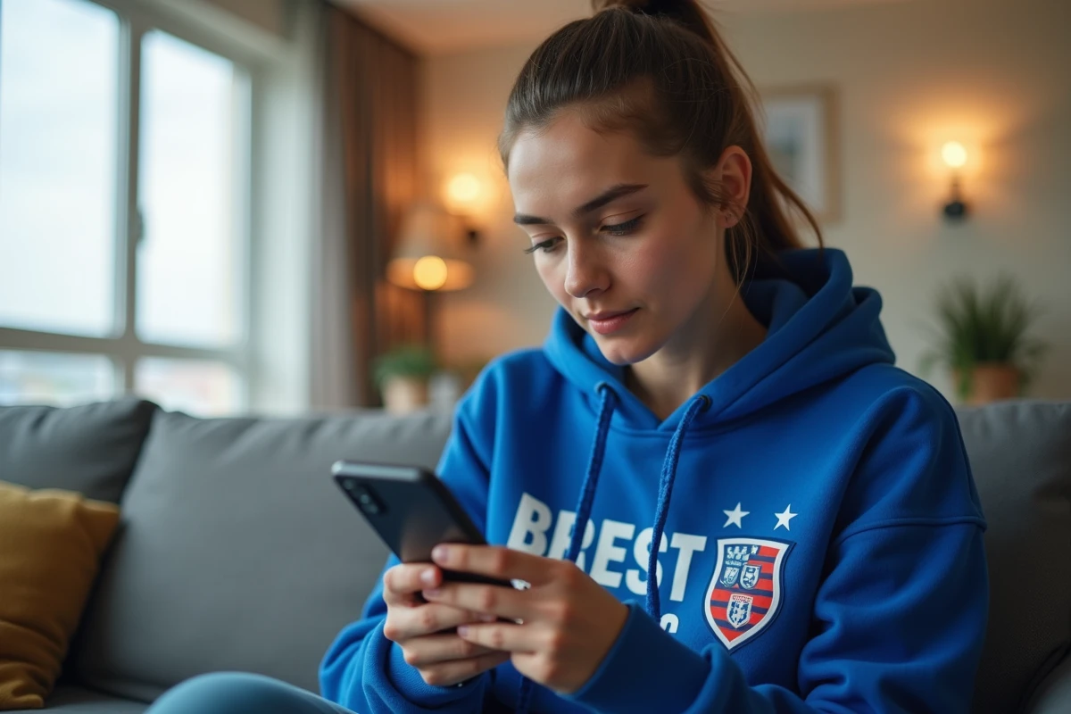 Jeune supportrice du SB29 suivant l'actualité du club sur les réseaux sociaux depuis son canapé