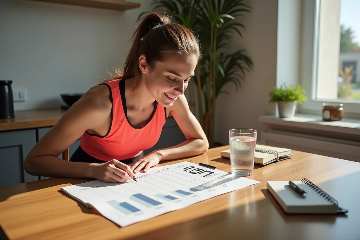 Coureuse étudiant un tableau d'allures pour semi-marathon posé sur une table en bois à la maison