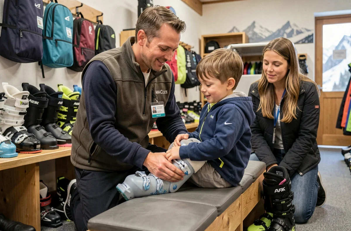 Technicien de location de ski ajustant les chaussures de ski d'un enfant sous le regard de sa mère en magasin