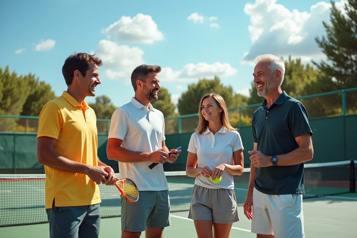 Groupe de joueurs adultes souriants sur un terrain de padel extérieur entouré de végétation méditerranéenne