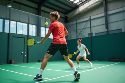 Deux joueurs de padel en action sur un terrain intérieur avec murs en verre et sol en gazon synthétique