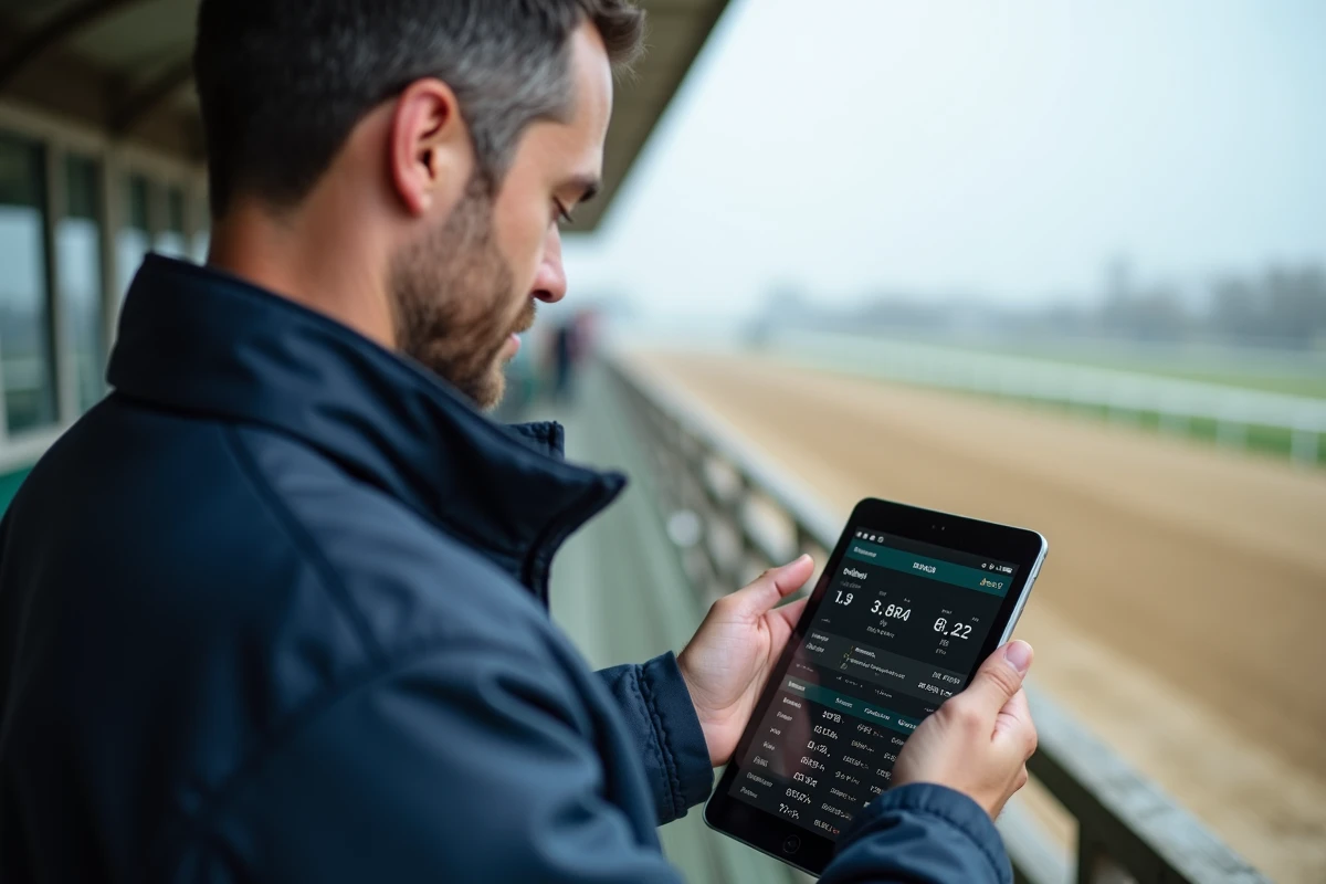 Trotteur professionnel consultant l'outil Infonet 5 sur une tablette au bord d'une piste de trot