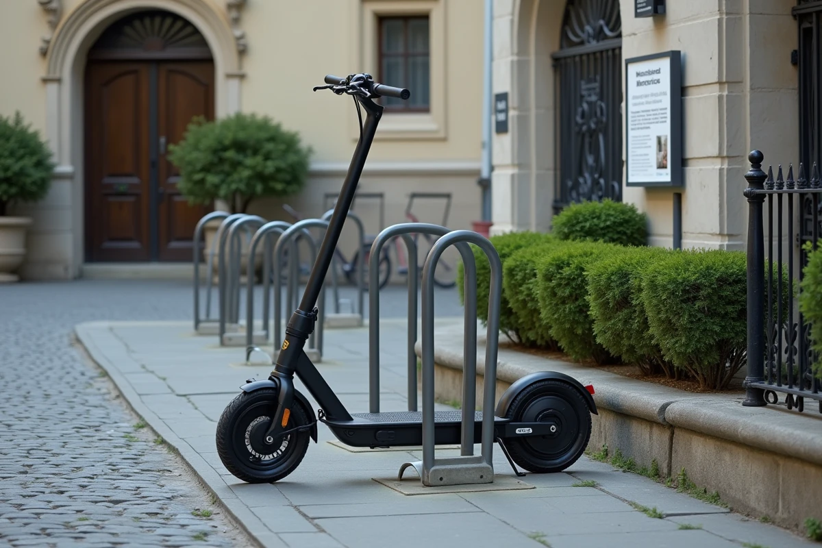 Trottinette électrique garée devant une mairie avec panneau de réglementation sur la mobilité urbaine