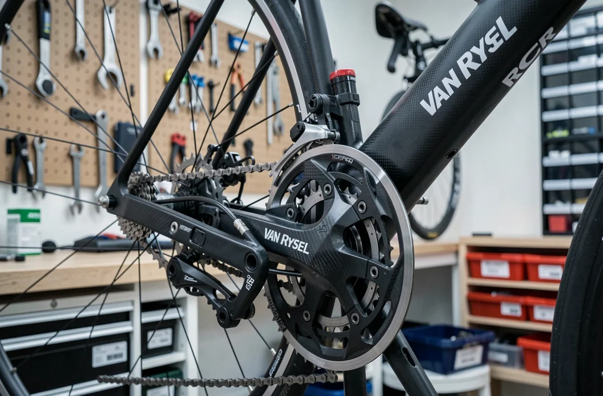 Détail du groupe et du cadre carbone du Van Rysel RCR dans un atelier vélo moderne