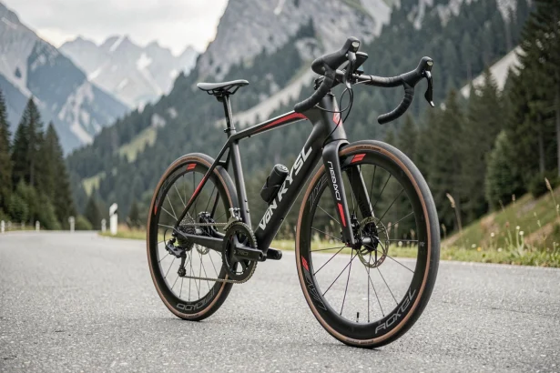Van Rysel RCR vélo de route Decathlon posé sur une route alpine avec cadre carbone aérodynamique