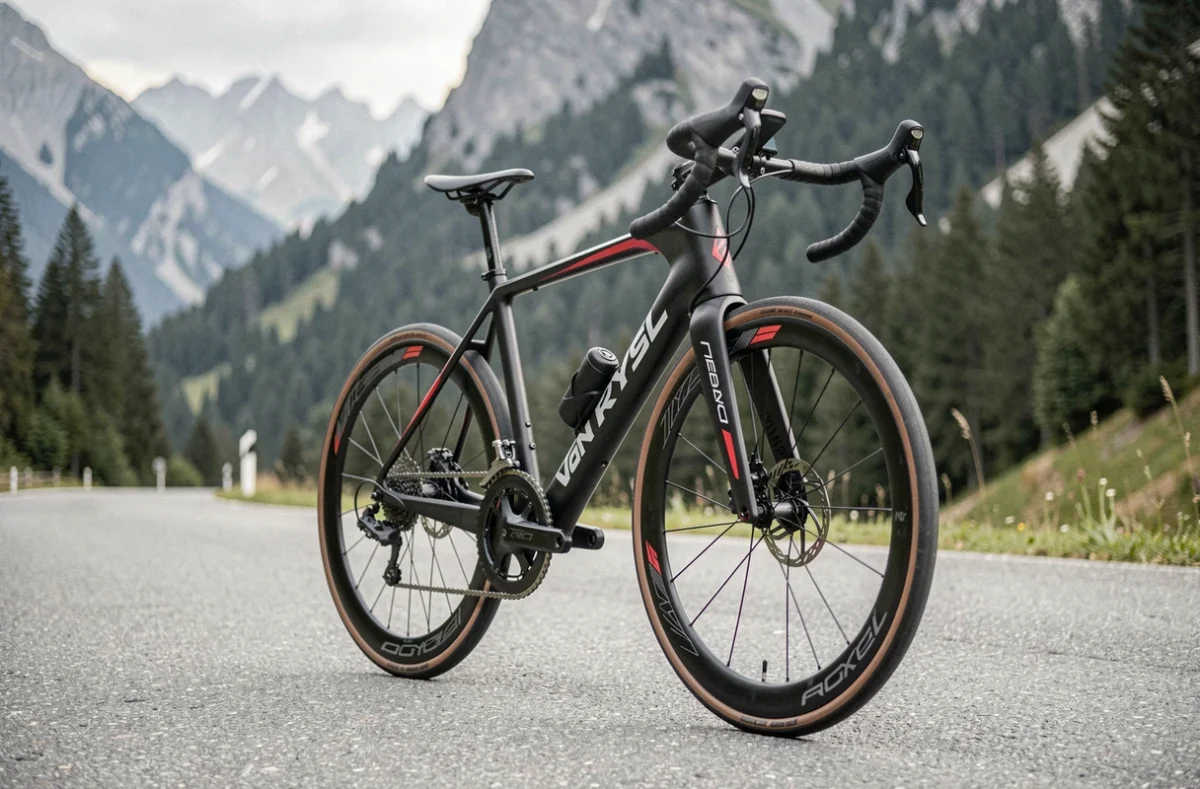 Van Rysel RCR vélo de route Decathlon posé sur une route alpine avec cadre carbone aérodynamique
