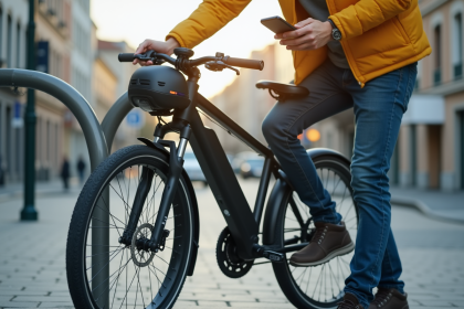Jeune urbain verrouillant un vélo électrique moderne dans la ville