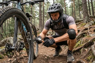 Vététiste vérifiant la pression de ses pneus 26 pouces avec un manomètre sur un sentier forestier