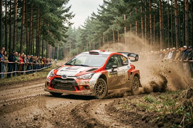 Voiture de rallye WRC en dérapage sur une spéciale de terre en forêt lors du calendrier 2026