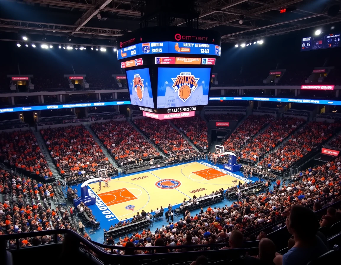 Vue aérienne panoramique de Madison Square Garden lors d'un match NBA avec la salle comble et le parquet iconique en bas